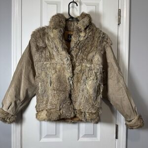 Vintage brown REAL RABBIT FUR Leather Coat jacket  KC COLLECTIONS XS S Flawed
